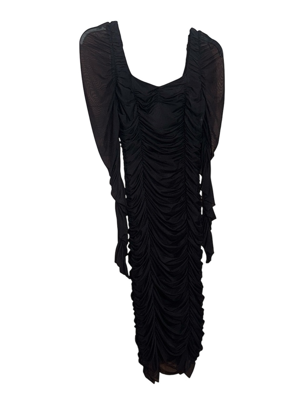 Black Ruched Midi Dress with Sheer Sleeves